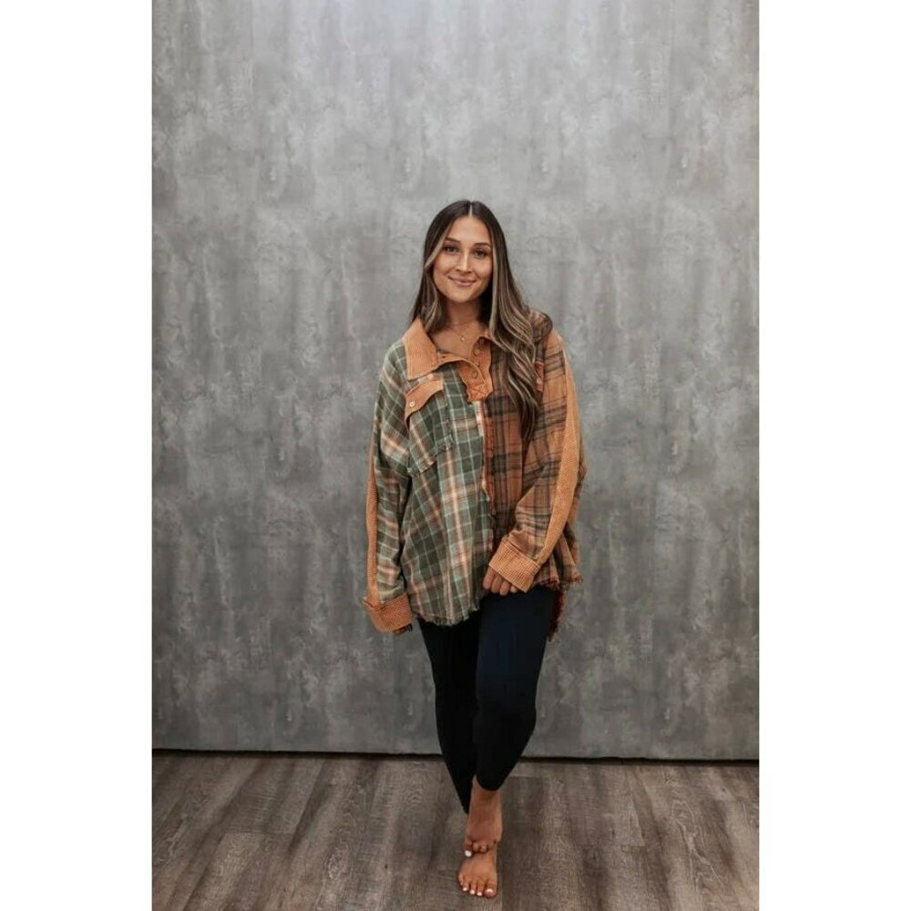 Pumpkin Spice Mixed Plaid Oversized Top in Rust - Picture 3 of 5